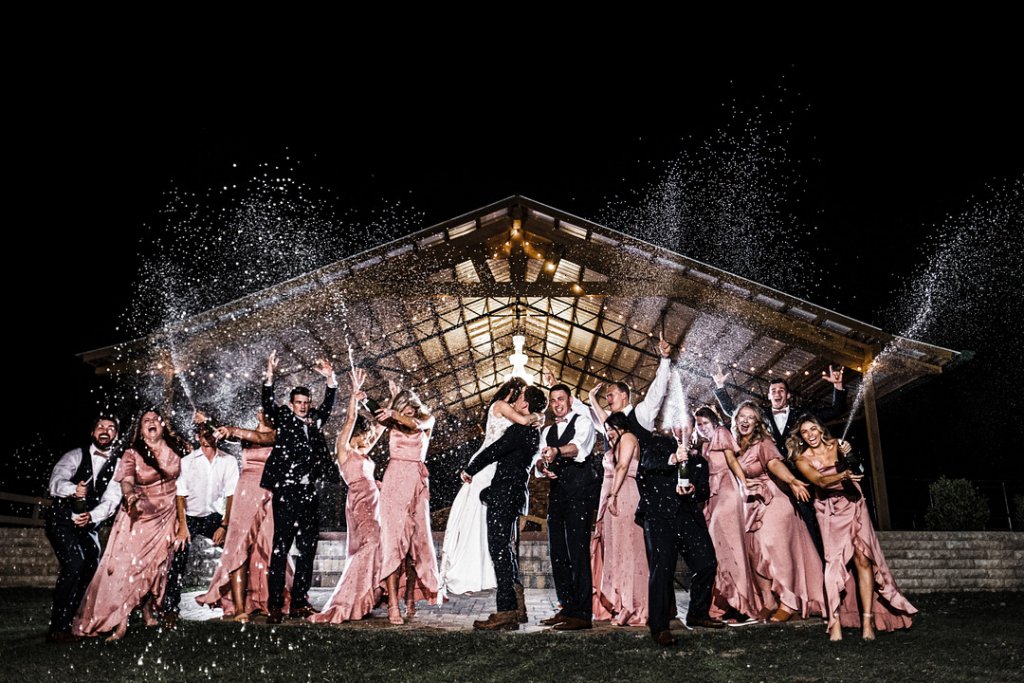 champagne wedding photo with bridal party