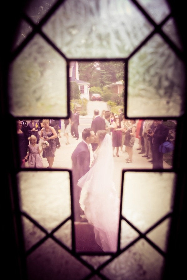 through the stained glass window at the church