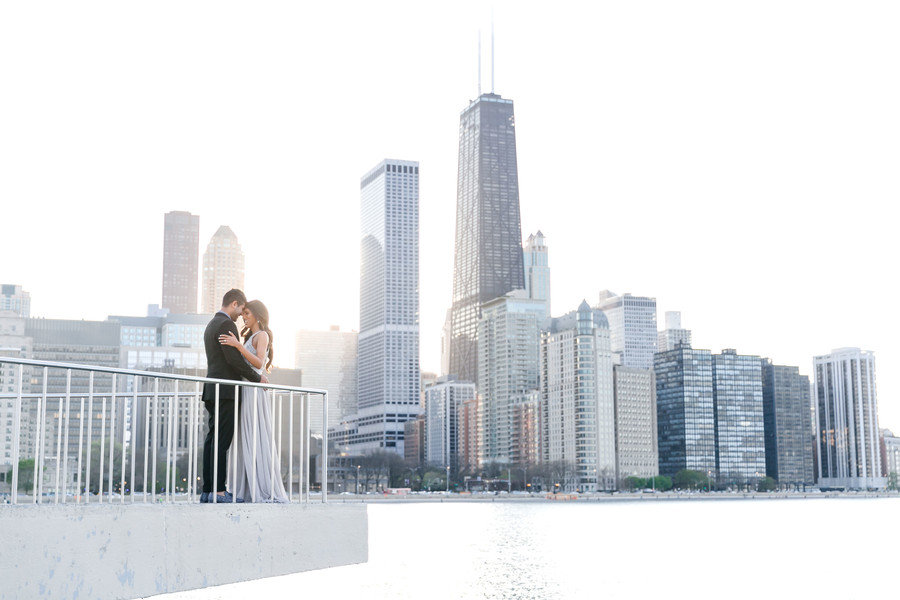 Bride and groom with cityscape background