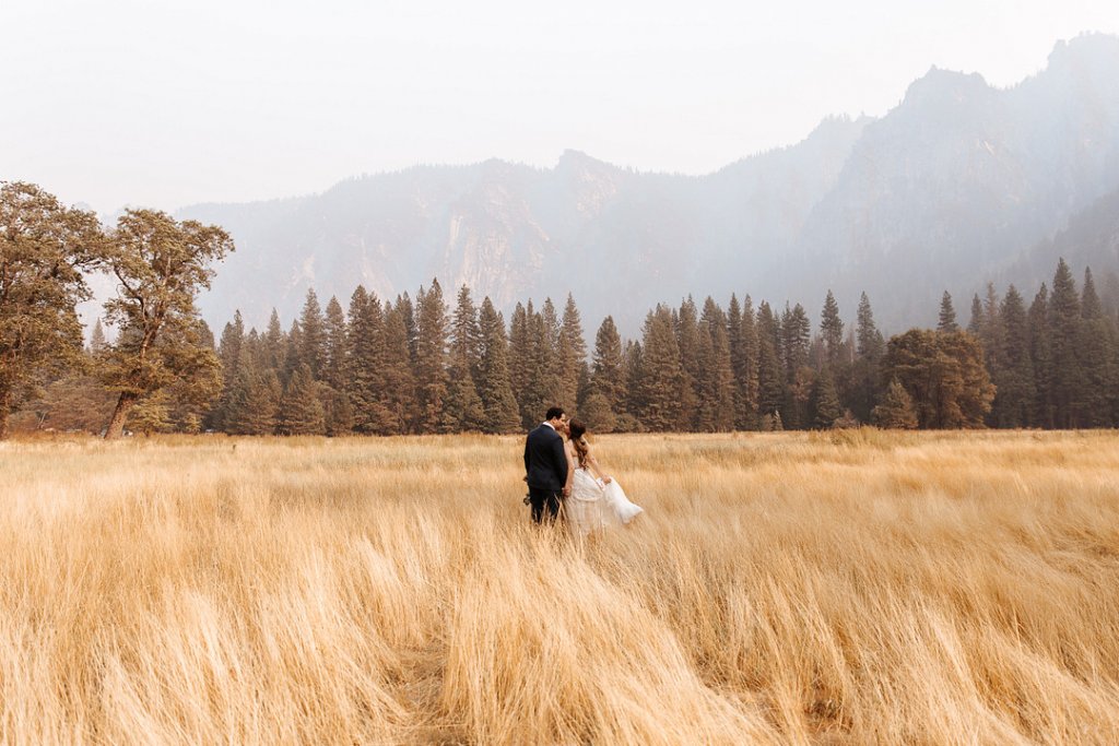 bride and groom in a field