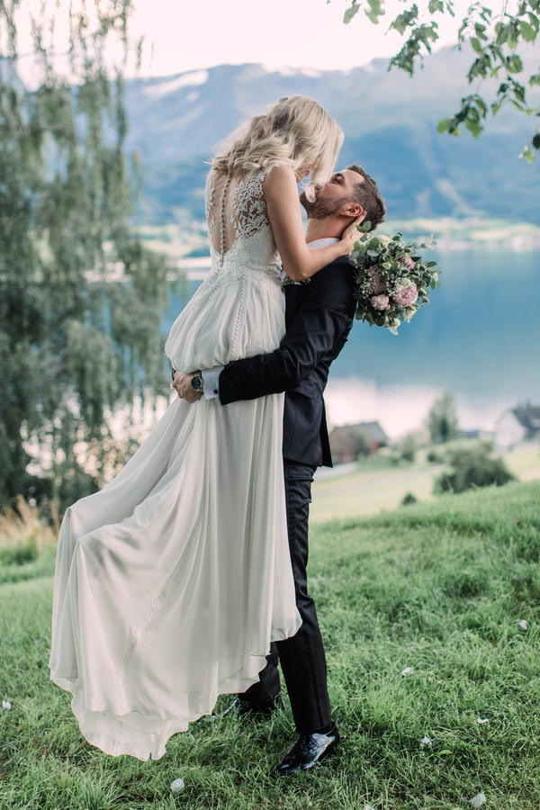 Bride and groom embracing