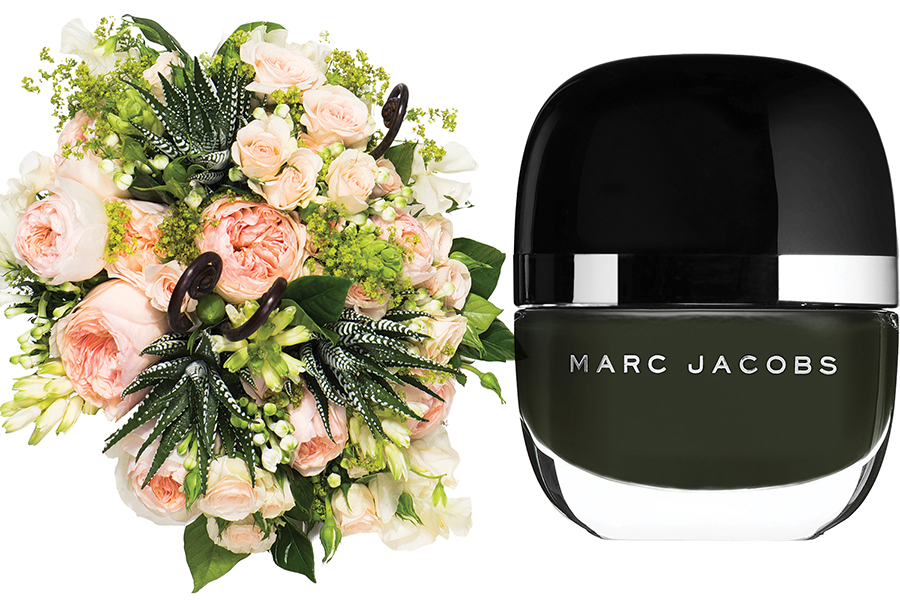 black nail polish and bridal bouquet