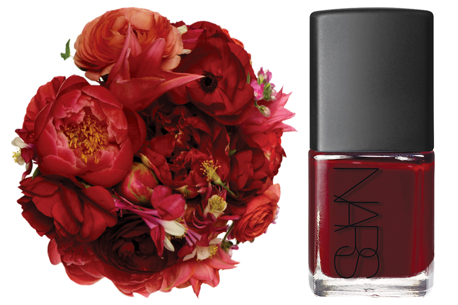 crimson nail polish and bouquet