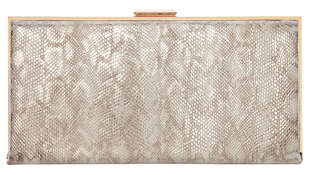 Metallic gold snakeskin clutch