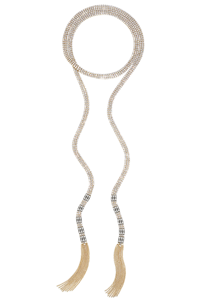 Rhinestone lariat necklace with gold chain tassels