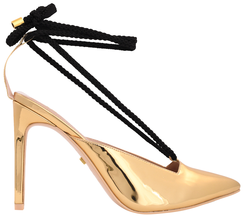 gold and black pointed heel