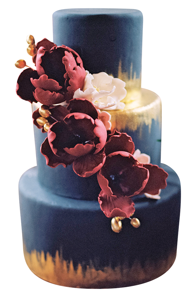 Midnight blue and wine wedding cake by Sweet Couture
