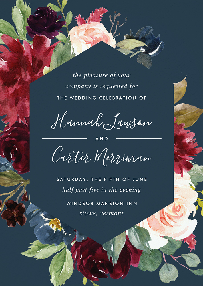 Midnight blue and wine wedding invite by Zazzle