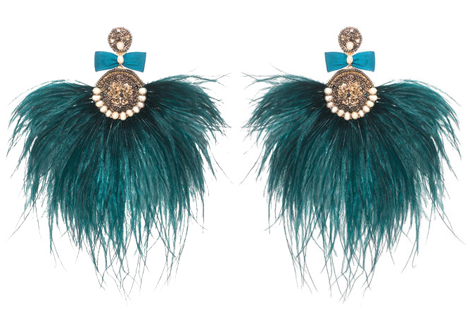 Turquoise feather earrings by Ranjana Khan