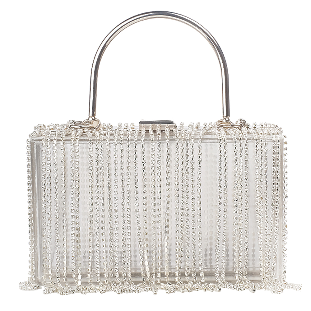 Clear handbag with rhinestone fringe