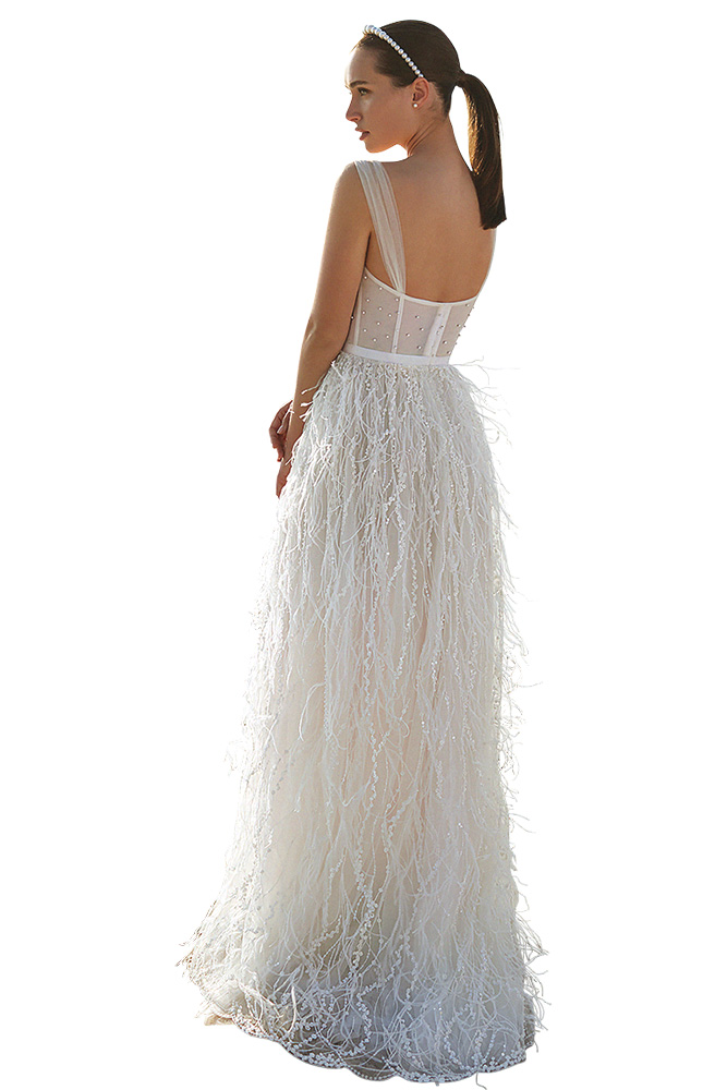 feathered wedding gown