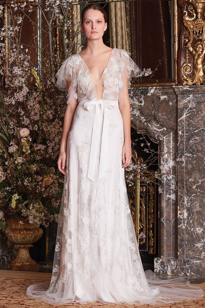Ruffled bodice wedding gown by Monique Lhuillier