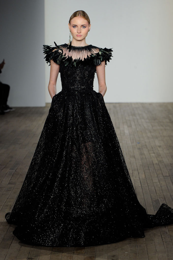 black gown with feathers