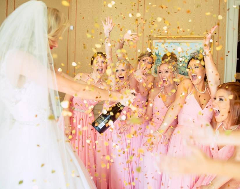 bridesmaids champagne and confetti