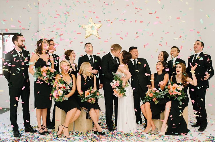 confetti wedding party photo