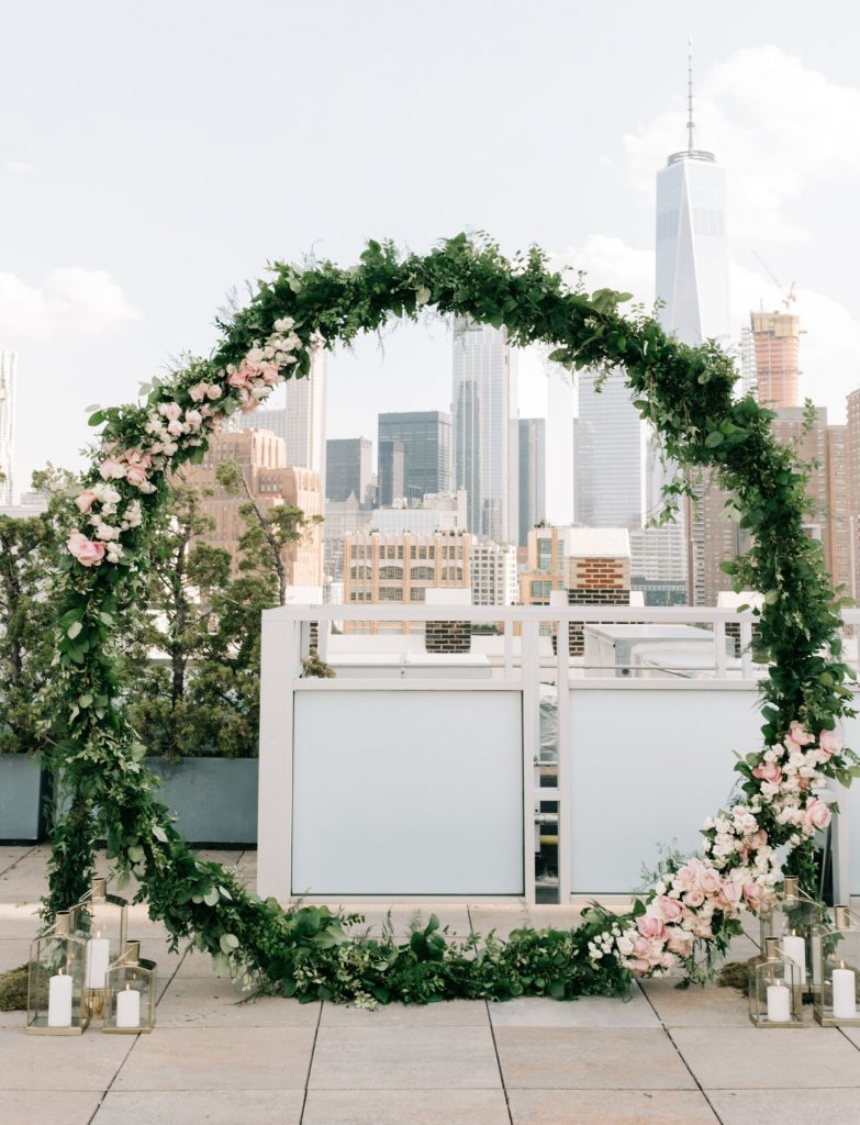 floral wreath and nyc skyline views