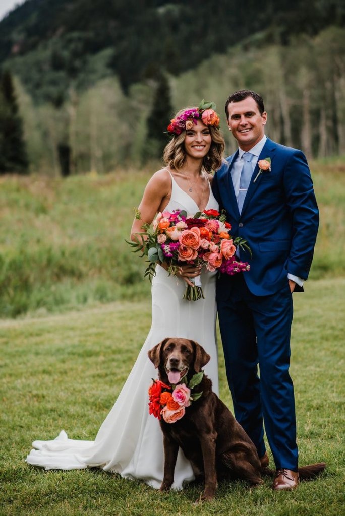 bride flower crown and matching dog flower collar