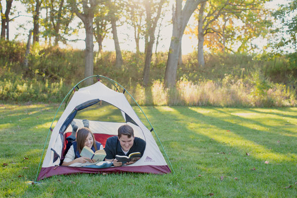 camping theme engagement photos