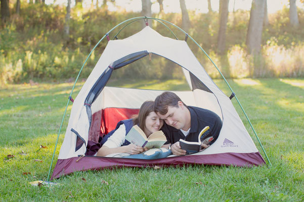 camping theme engagement photos