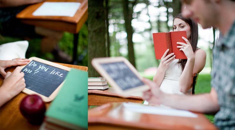 school theme engagement photos