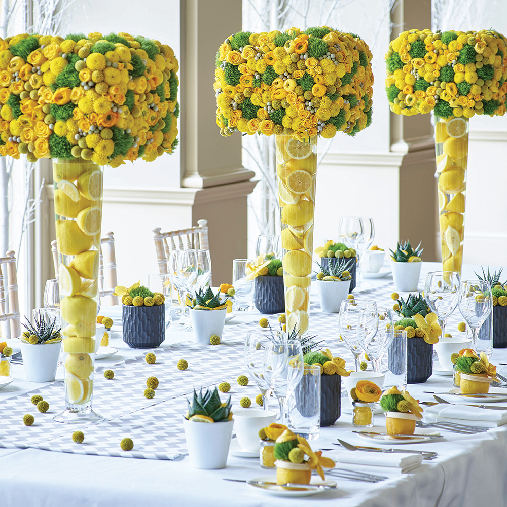 yellow and gray wedding tablescape