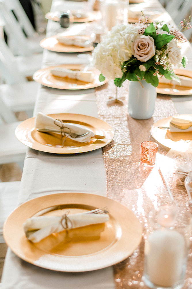 Metallic wedding reception table decor