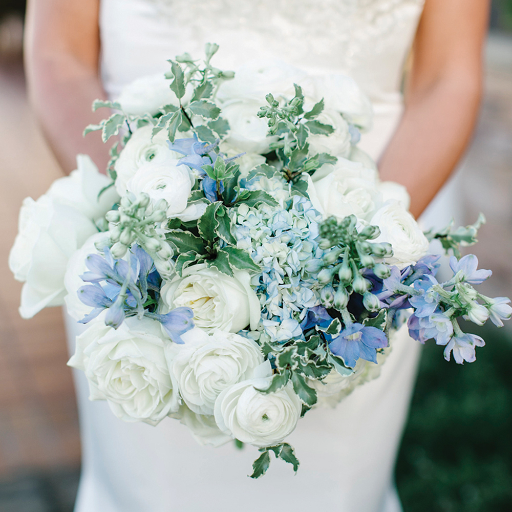 Blue and white bridal bouquet