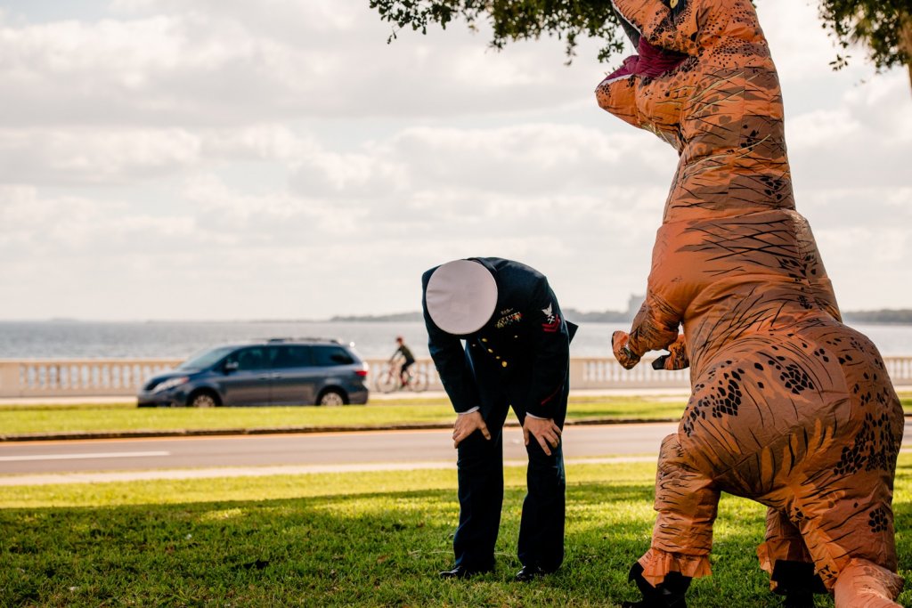 Trex costume wedding first look