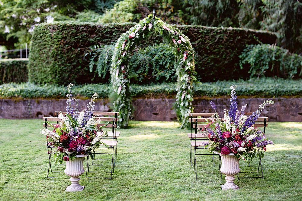 Garden wedding ceremony setup