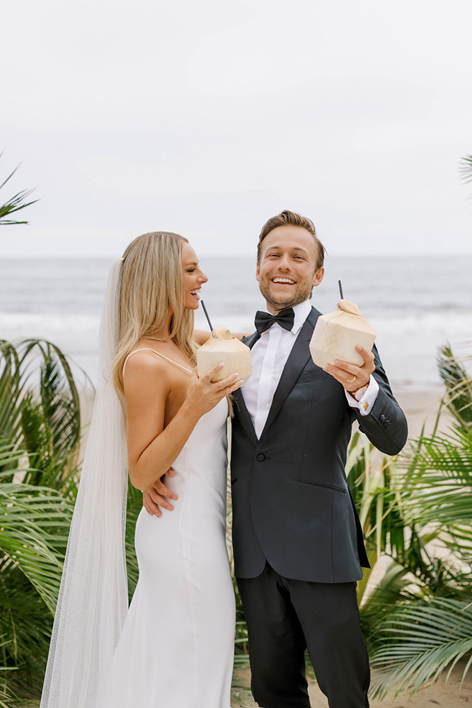 bride and groom on beach