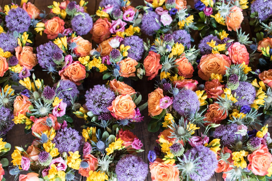 purple orange and yellow wedding flowers