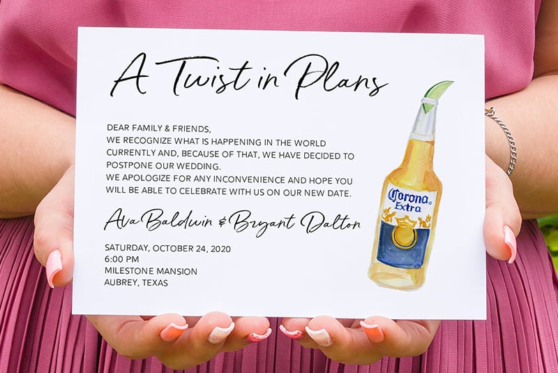 A Twist in Plans Wedding Postponement card by Magnolia Papers and Co. via Etsy 