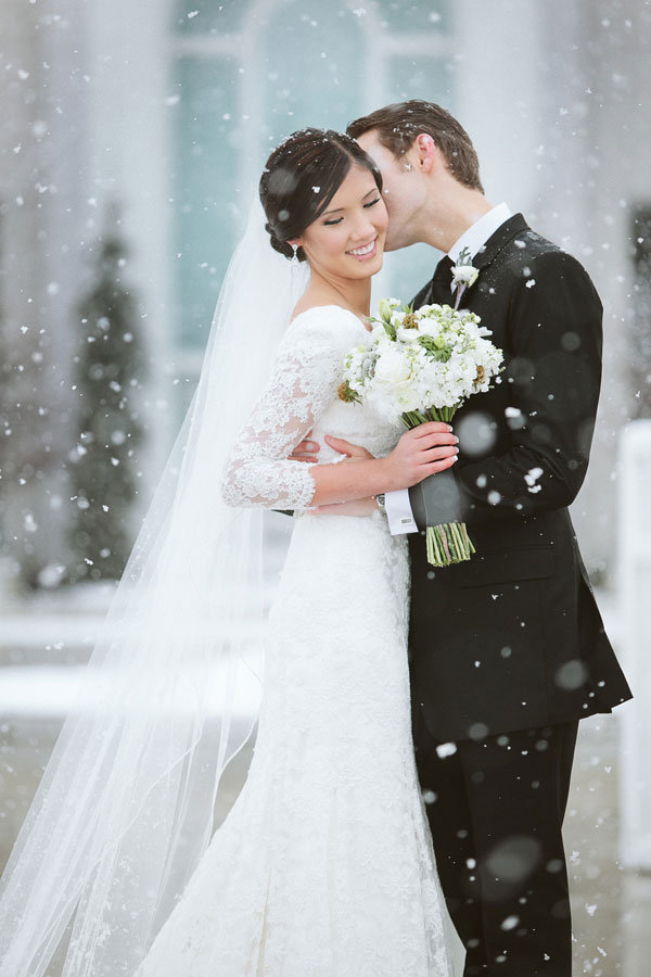 Snowy winter wedding photo