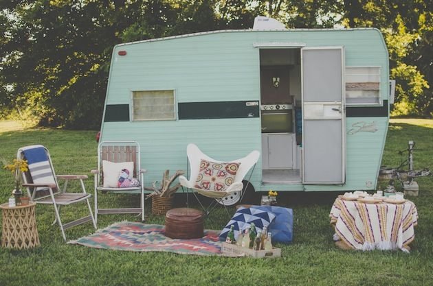 retro camper with picnic