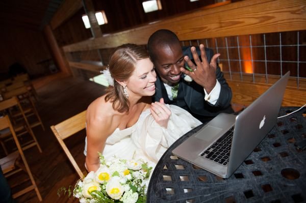 bride and groom at computer