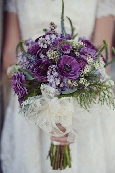 lace bow purple flowers purple wedding bouquet
