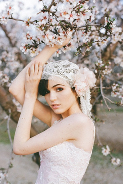 lace hair piece pink flower wedding