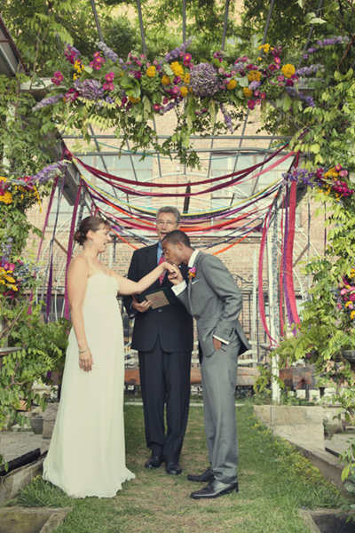 ribbons and garland at wedding ceremony