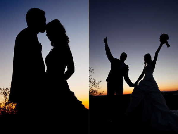 bride and groom at sunset