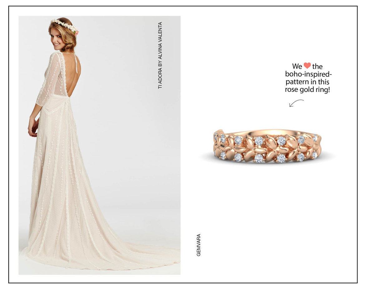 bohemian wedding dress and ring