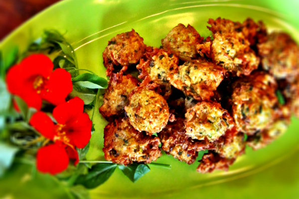 zucchini fritters with smoked pepper romesco