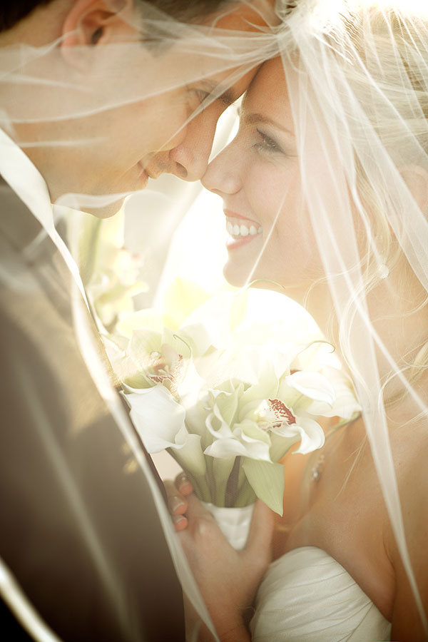 bride and groom through the brides veil