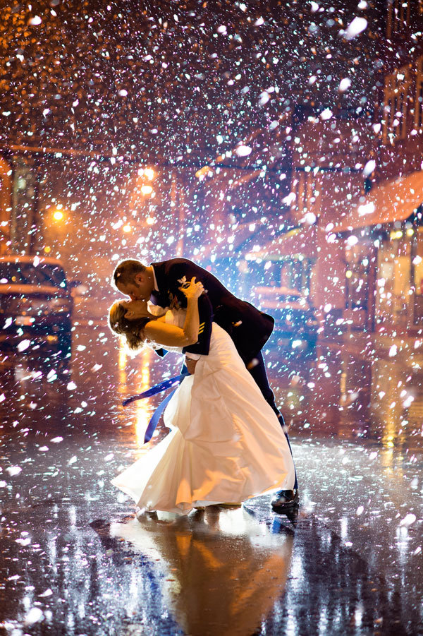 snowy wedding photo