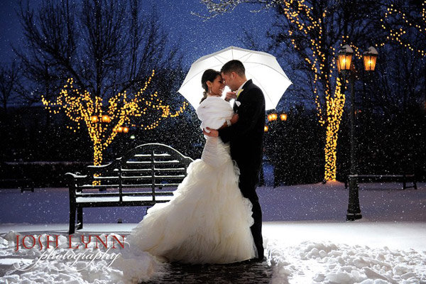 snowy wedding photo