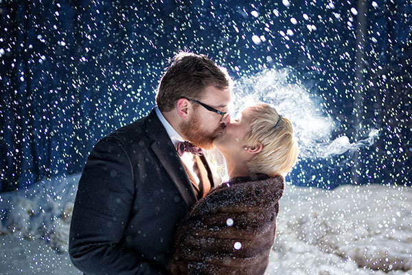 snowy winter wedding photo