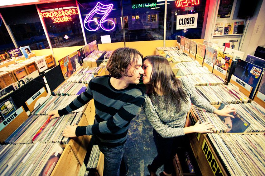 engagement photo in record store