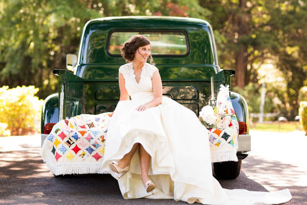 bride in pickup truck