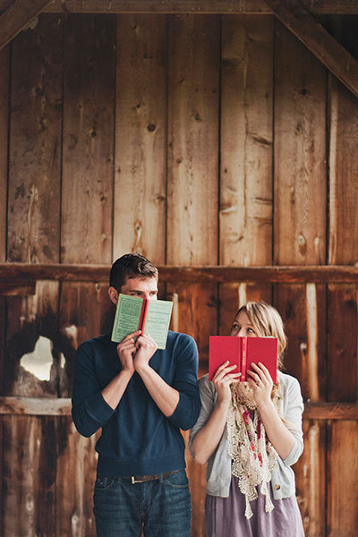 engagement photo with books