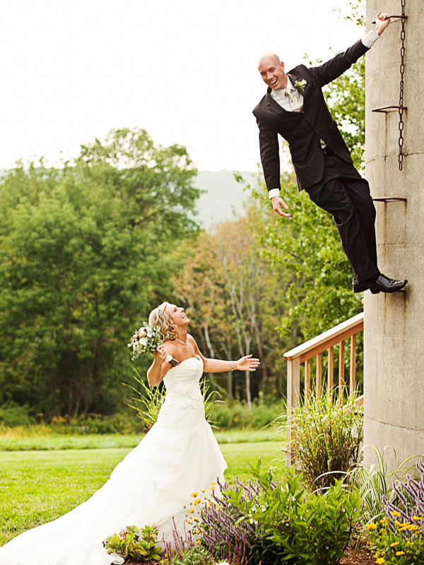 groom climbing up silo