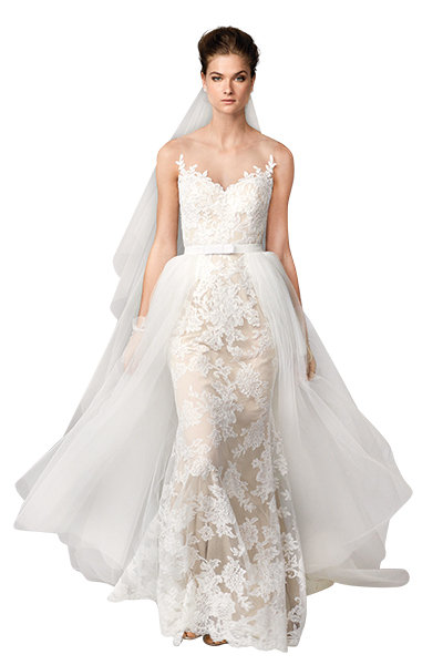 lace sheath wedding dress with removable overskirt